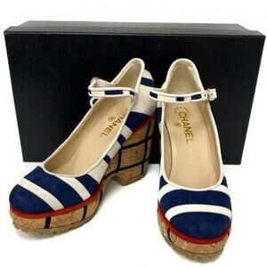Chanel Navy And White Suede Wedge Shoes #36.5